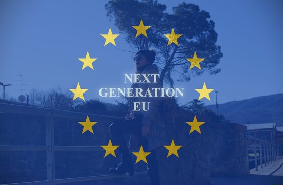 Woman watching at the Future on a bridge, with the European Flag as background and the text "Next Generation Eu"