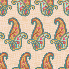 Vector textured Indian paisley seamless repeat pattern background. Good use for fabrics, upholstery, home decor, textile, etc.
