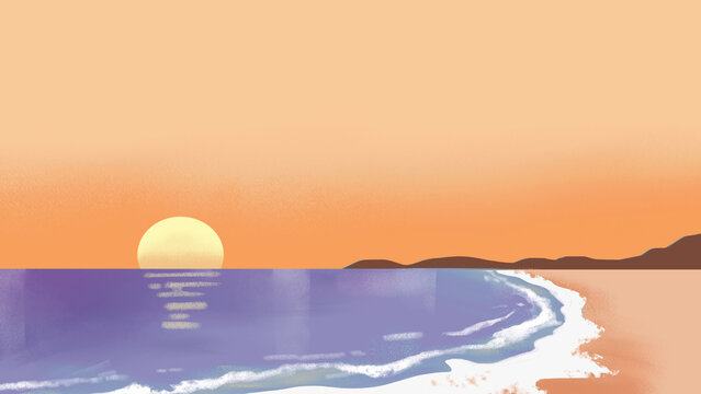 夕焼けのリゾートの海辺のイラスト