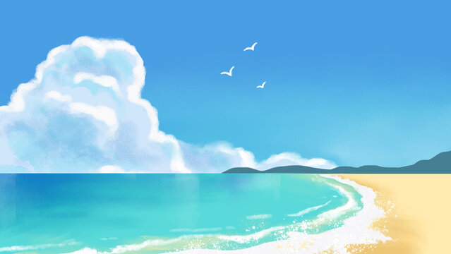 カモメが飛ぶ真夏の海辺のイラスト