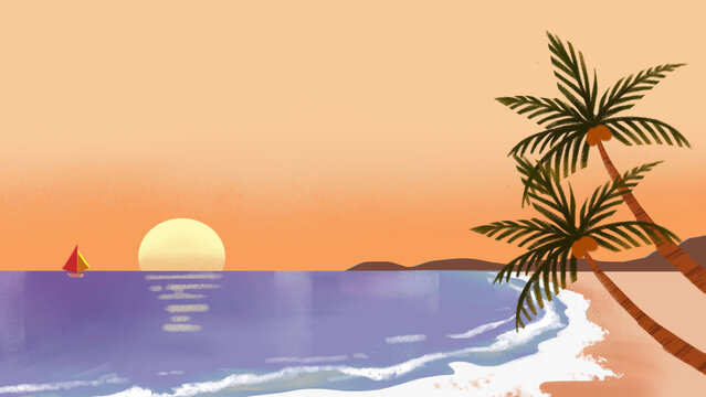 ヤシの木のある夕焼けの海辺のイラスト