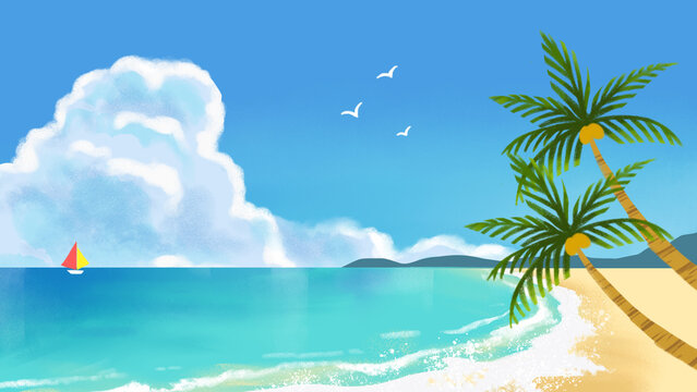 真夏のリゾートの海辺のイラスト