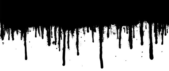 Abstract black paint dripping vector background. Black ink liquid drop wallpaper with spray paint, graffiti drips texture. Black and white dripping illustration design for decorative, street art.