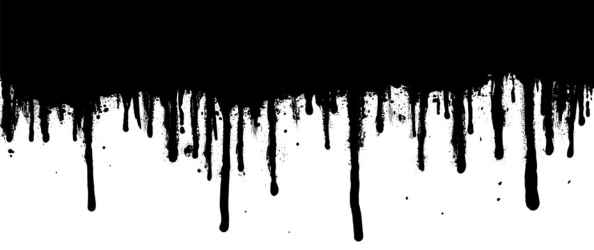 Abstract black paint dripping vector background. Black ink liquid drop wallpaper with spray paint, graffiti drips texture. Black and white dripping illustration design for decorative, street art.