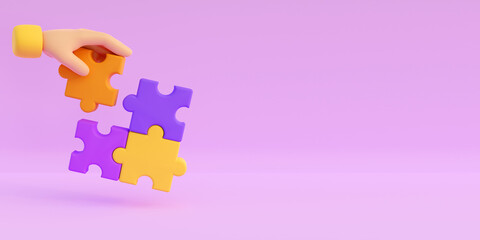 3d human hands with jigsaw puzzle pieces. Concept of business problems, partnership, development, cooperation and teamwork. 3d high quality render on purple background.