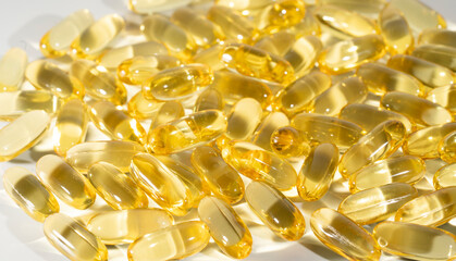 Food supplement oil filled fish oil, vitamin D, omega 3, omega 6, vitamin A, vitamin E, flaxseed oil.