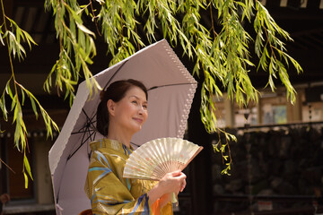 浴衣を着て日傘をさす女性