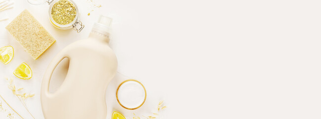 Eco friendly banner of cleaning with cleaning products. Various items and ingredients for eco home...