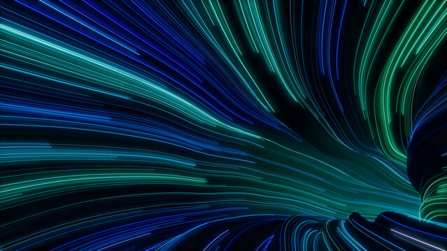 Blue, Purple and Green Colored Curves form Colorful Swoosh Tunnel. 3D Render.