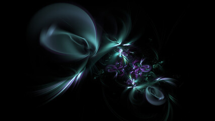 Abstract green and violet shiny flowers. Fantasy space background. Digital fractal art. 3d rendering.