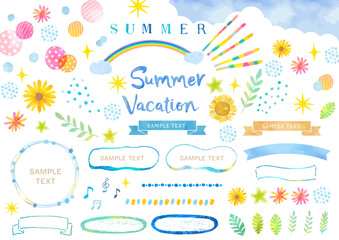 夏の水彩イラストフレームセット - obrazy, fototapety, plakaty