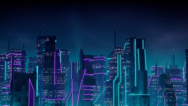 Sci-fi Metropolis with Purple and Cyan Neon lights. Night scene with Visionary Skyscrapers.
