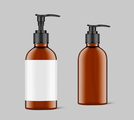 Realistic amber glass bottle with black dispenser. Vector illustration. Perfect for the presentation of liquid soap, disinfectant, etc. EPS10.	