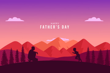 Happy Father's Day Background. Silhouette of father and son in the mountains vector illustration