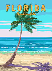 Fototapeta na wymiar Florida Beach Retro Poster. Palm on the beach, coast, surf, ocean. Vector illustration vintage