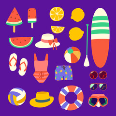 vector illustration of beach picnic stuff in cute cartoon style