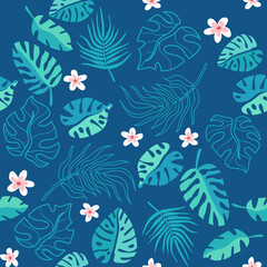 vector illustration for seamless blue background with flower and leaf in cute cartoon style