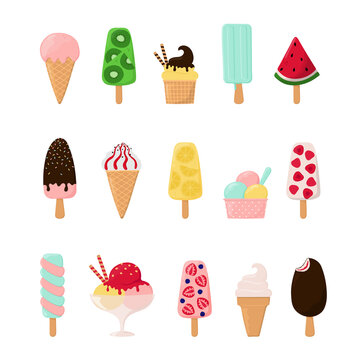 Set of colorful cartoon ice creams and popsicles. Can be used for poster, print, cards, clothes decoration and ice cream shop logo. Isolated vector illustration