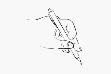 hand holding a pen in linear illustration. school preparation. 