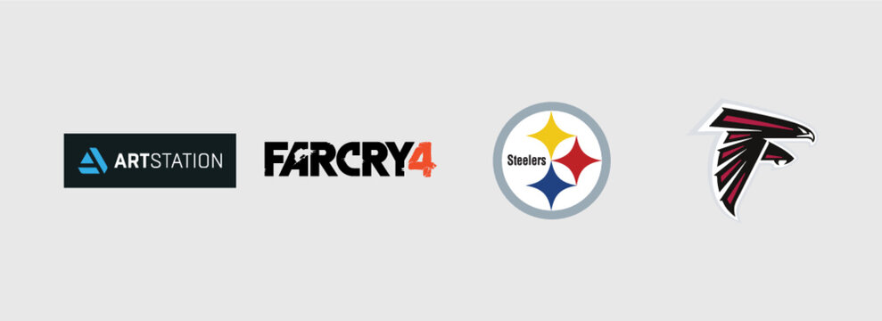 ArtStation logo, Far Cry 4 logo, Atlanta Falcons logo, Pittsburgh Steelers logo, Abstract Sports & Game Logo.