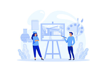 Graphic illustration artist working on the computer. Picture on the device screen. Digital illustration. Creativity concept. Flat illustration vector