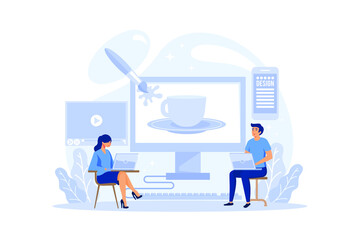 Graphic designer or digital illustrator concept. Picture on the device screen. Digital drawing with electronic tools and equipment. Creativity concept. Flat illustration vector