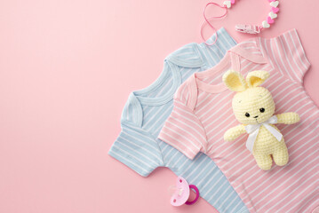 Baby accessories concept. Top view photo of pink and blue infant clothes pacifier chain and knitted bunny toy on isolated pastel pink background