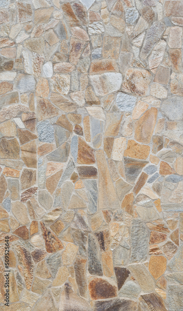 Poster front view of stone wall made of weathered and multi-colored stone slates. abstract high resolution 