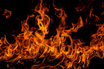 Fire flames on black background. Fire burn flame isolated, abstract texture. Flaming effect with burning fire.