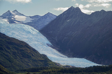 Breathtaking landscape and scenery with mountains, glaciers and fjords on sunny day during cruising...