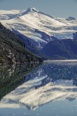 Breathtaking landscape and scenery with mountains, glaciers and fjords on sunny day during cruising...