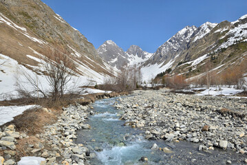 Fototapeta na wymiar fresh river crossing the alpine valley on a bed of pebbles and mountains still snowy in spring