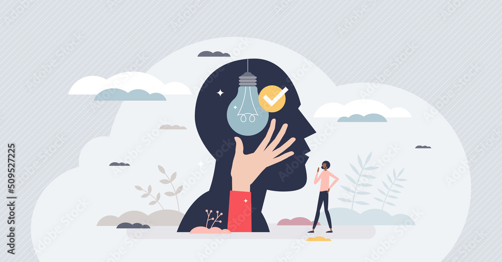 Poster intelligence and innovative new smart ideas thinking tiny person concept. intellectual brain power w