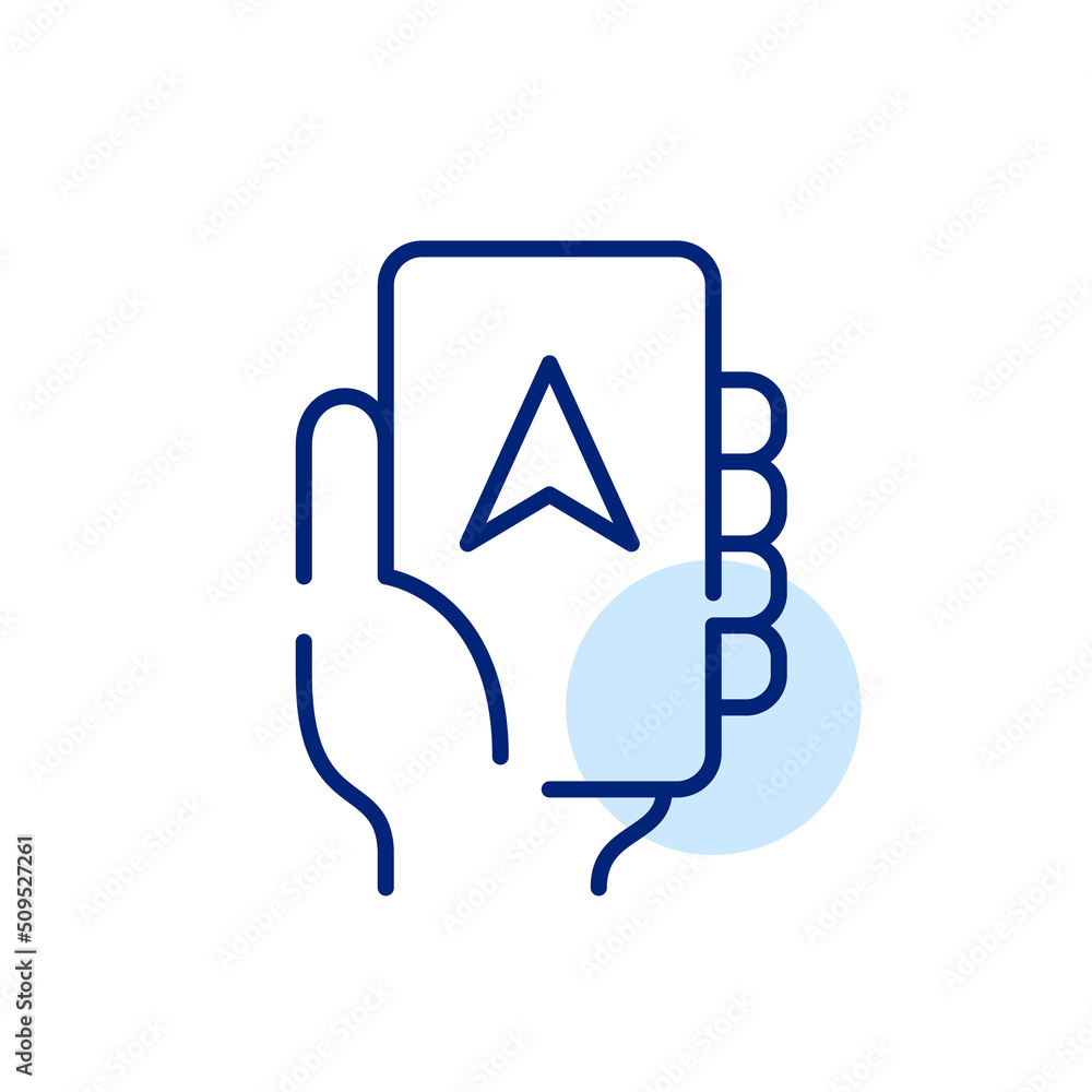 Poster hand holding a smartphone with a navigation app on it. pixel perfect, editable stroke line art icon