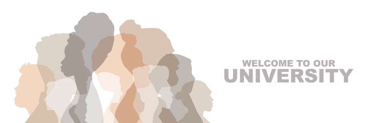 Welcome To Our University banner. People stand side by side together. Flat vector illustration.