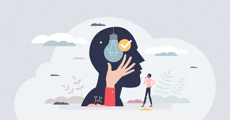 Fotobehang Intelligence and innovative new smart ideas thinking tiny person concept. Intellectual brain power with creative approach and successful solutions vector illustration. Logic visualization in head. © VectorMine