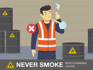 Fire safety activity. Never smoke near flammable liquids warning design. Young male worker smoking in explosive and flammable area. Flat vector illustration template. - obrazy, fototapety, plakaty