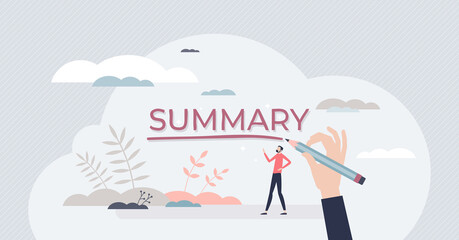 Summary as compact text essence and final conclusion tiny person concept. Headline text for overview slide head vector illustration. Information presentation with simple main key points. Data resume.