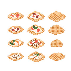 Croffles set. Sweet waffles collection with different toppings: orange, strawberry slices, blueberries, raspberry, mint leaves, cream, caramel, chocolate syrup. Vector illustration with asian desserts