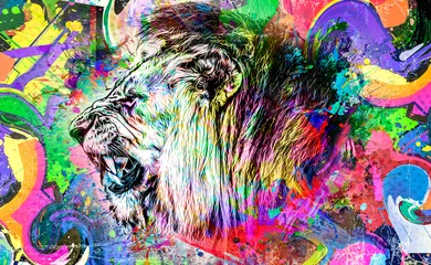 Zelfklevend Fotobehang lion head with creative colorful abstract elements on dark background color art © reznik_val