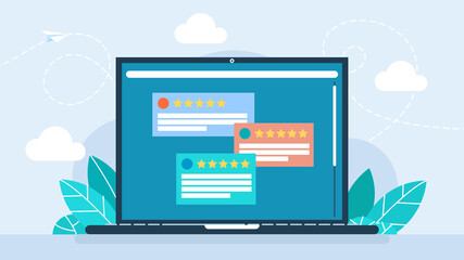 Evaluation of the store. Online survey and customers feedback concept. Assessment of users experience of services, opinions, questionnaire forms and checklists. Flat design. Vector illustration.