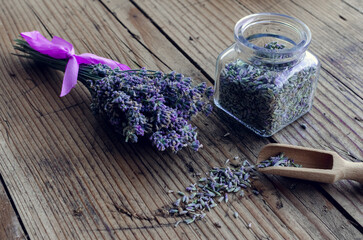 Bunch of lavender flowers on a wooden background