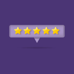Message bubbles with five star rate review customer experience quality service. 3d stars for Game or score. Vector illustration