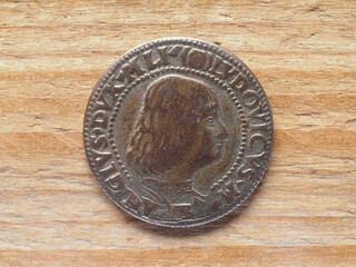 Ancient Milanese testone coin obverse showing Gian Galeazzo Mari