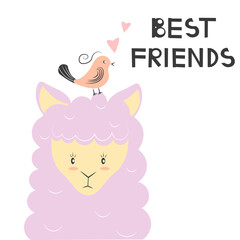 Obraz na płótnie Canvas Cute llama and bird. Best friends animal characters. Kids vector illustration.