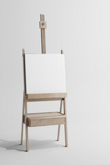 Wooden easel mockup standing in an empty white room. 3d rendering