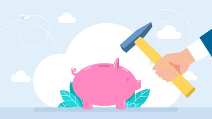 A hand holds a hammer that is raised above a piggy bank with money to break it. Concept of need for money. Financial savings, problems. Flat style, isolated background. Business vector illustration. 