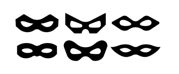 Carnival mask for bandit or superhero vector icon set. Black masquerade costume eye mask silhouette hidden villain or burgar person face. Simple design incognito masque shape clip art illustration. - obrazy, fototapety, plakaty