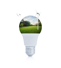 Wind turbine on green grass and trees in park with led light bulb on white background, Ecology saving power and energy concept