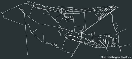 Fototapeta premium Detailed negative navigation white lines urban street roads map of the DIEDRICHSHAGEN DISTRICT of the German regional capital city of Rostock, Germany on dark gray background